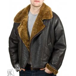 Men's Shearling Sheepskin Flying Jacket - Vintage Aviator - Brown Wool - Main