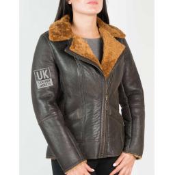 Womens Shearling Sheepskin Jacket - Anara - Brown Wool - Front