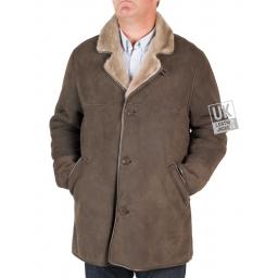 Mens Grey  Shearling Sheepskin Long Jacket - Foxhills - Front