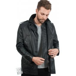 Men’s Black Leather Coat – Bernie - Detachable Rib Knit Collar