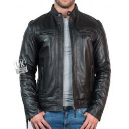 Mens Black Leather Jacket - Ellis - Front Unzipped