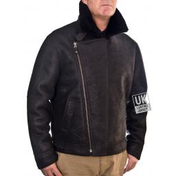 Mens Black Shearling Sheepskin Flying Jacket - Vail - Zipped Front