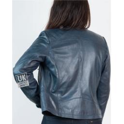 Womens Collarless Leather Jacket in Blue - Kilder - Back