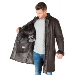 Mens Shearling Sheepskin Duffle Coat - Detach Hood - Colorado - Matt Brown - Full Wool Interior