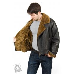 Men's Shearling Sheepskin Flying Jacket - Vintage Aviator - Brown Wool - Lining