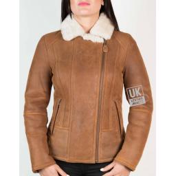 Womens Tan Shearling Sheepskin Flying Jacket - Front 2