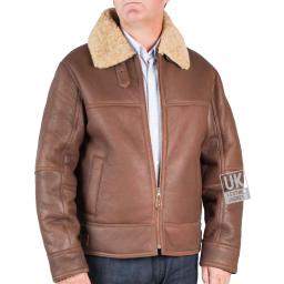 Mens Shearling Sheepskin Flying Jacket - Calibre - Chestnut Tan - Front