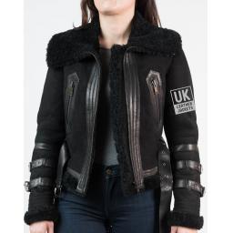 Womens Belted Shearling Sheepskin Jacket – Alana - Black - Unzipped