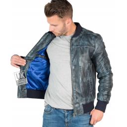Mens Slim Fit Leather Bomber Jacket - Stone Wash Blue - Lining