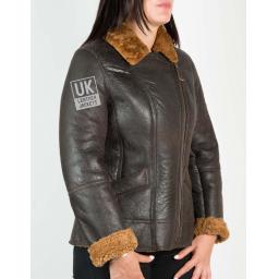 Womens Shearling Sheepskin Jacket - Anara - Brown Wool - Side Zipped