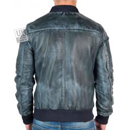 Mens Slim Fit Leather Bomber Jacket - Stone Wash Blue - Back