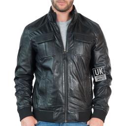 Mens Black Leather Bomber Jacket - Bronson - Front