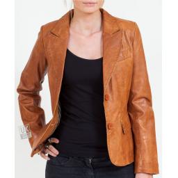 Women's 2 Button Tan Leather Blazer - Athena - Main