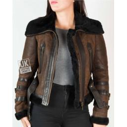 Womens Belted Shearling Sheepskin Jacket – Alana - Vintage Brown - Unzipped