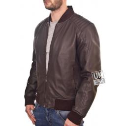 Men's Brown Leather Bomber Jacket - Ventega - Front