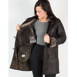 Womens Lambskin Duffle Coat - Detach Hood - Brown - Lining