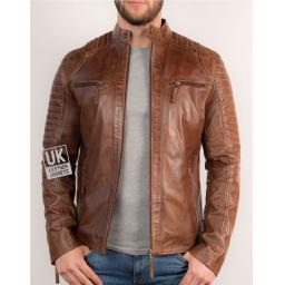 Mens Vintage Tan Leather Biker Jacket - Cruz - Unzipped