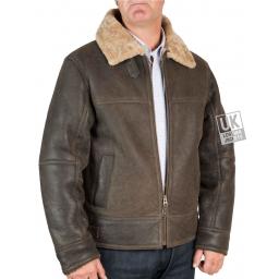 Mens Shearling Sheepskin Flying Jacket - Calgary - Vintage Matt Brown - Front