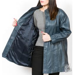 Women's Blue Leather Swing Coat - Jewel - Lining