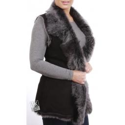 Long Toscana Sheepskin Gilet - Black Snow Tipped - Front