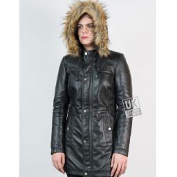 Womens Black Leather Coat - Montana - Detachable Hood - Front with Hood