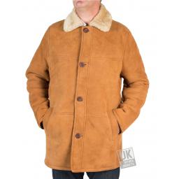 Mens Shearling Sheepskin 3/4 Length Coat - Sunningdale - Tan - Front