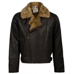 Men's Shearling Sheepskin Flying Jacket - Vintage Aviator - Brown Wool - Addition