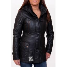 Womens Black Hip Length Leather Jacket with Detach Hood - Eclipse - Zipped Front