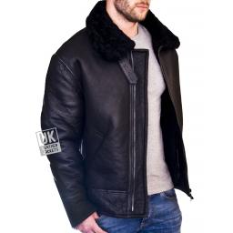 Men's Shearling Sheepskin Flying Jacket - Atlas - Black Wool - Side Unzipped