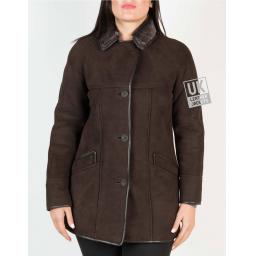 Womens Brown Shearling Sheepskin Car Coat - Honor - Button Front