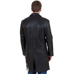 Men's 3/4 Length Black Leather Coat - Plus Size - Henley - Rear