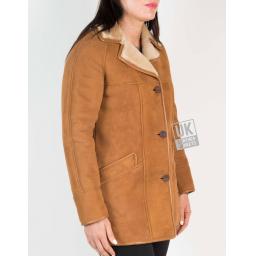 Womens Tan Shearling Sheepskin 3/4 Length Car Coat - Honor - Front