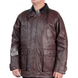 Men's Oxblood Leather Parka Coat - Huxley - Front