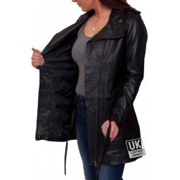 Womens Black Leather Coat - Asymmetric Zip - Lining