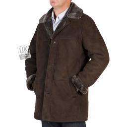 Mens Shearling Sheepskin 3/4 Length Coat - Sunningdale - Brown - Collar Down