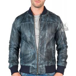 Mens Slim Fit Leather Bomber Jacket - Stone Wash Blue - Front