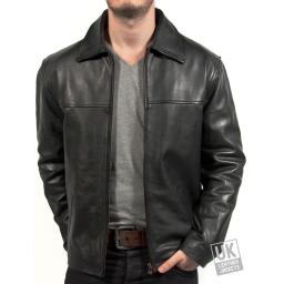 Men's Black Cow Hide Leather Jacket -  Plus Size - Harrington - Front