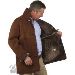 Finest Men's Dark Tan Shearling Lambskin Car Coat - Envoy - Lining