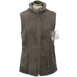 Womens Shearling Sheepskin Zip Gilet - Grey Suede - Front