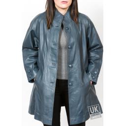 Women's Blue Leather Swing Coat - Jewel - Front Open