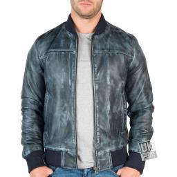 Mens Slim Fit Leather Bomber Jacket - Stone Wash Blue - Unzipped