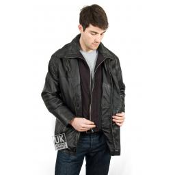 Men's Leather Coat in Black - Elswick - Fleece collar insert