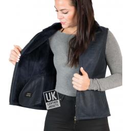 Womens Navy Blue Shearling Sheepskin Gilet – Zip Front - Full Wool Lining