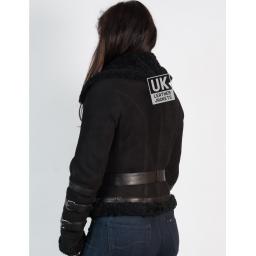 Womens Belted Shearling Sheepskin Jacket – Alana - Black - Back Side