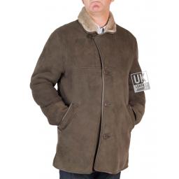 Mens Grey  Shearling Sheepskin Long Jacket - Foxhills - Buttoned to Collar