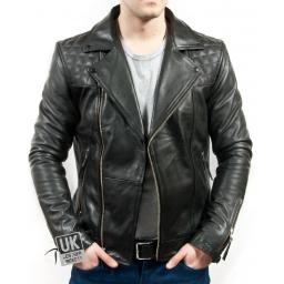 Men’s Black Leather Biker Jacket - Maze - Superior Cow Hide - Front