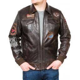 Men's Brown Leather Bomber Jacket - Tornado - Front