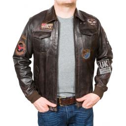 Men's Brown Leather Bomber Jacket - Tornado - Unzipped