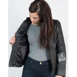 Ladies Black Classic Zip Leather Jacket - Crushed Finish