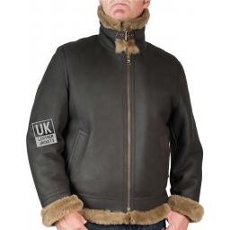 Mens Finest Shearling Aviator Jacket - Semi-Matt Brown / Brown Wool - Wind Collar